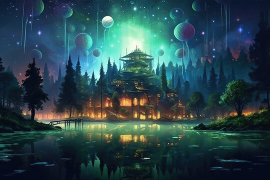 Fantasy landscape with magic forest at night. Fairy tale magic world. Nature background. Created with Generative AI
