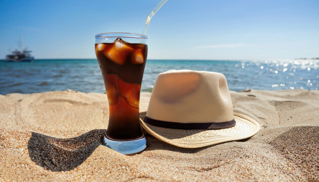 image of a hat and a glass with cola and ice on the sand on the beach