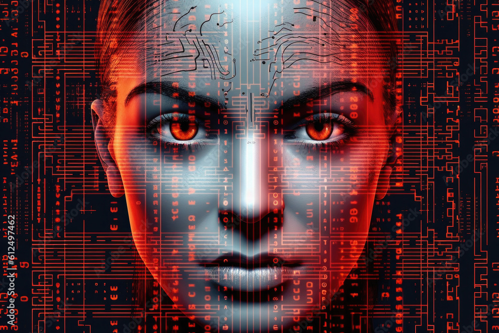 Poster digital hologram of female face looking from futuristic screen. interaction with artificial intellig
