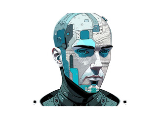 AI or artificial intelligence in image robot head hover over podium in virtual cyberspace. Humanoid face of mechanical cyborg with electronic brain or mind. Neural network or supercomputer on pedestal