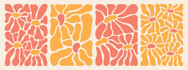 Groovy abstract flower poster set. Organic doodle shapes Matisse style, contemporary background. Floral botanic vector art