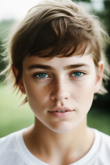 Fototapeta premium Portrait of a beautiful young cute freckled girl with short messy hair with blue eyes wearing a white t-shirt outdoors. Generative AI.