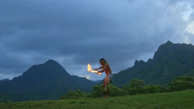Samoan Fire Knife Dancer In Hawaiian Valley