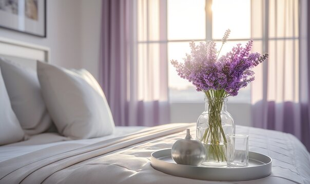  a glass vase with lavender flowers on a tray on a bed with a window in the background and a tray with two ornaments on it.  generative ai