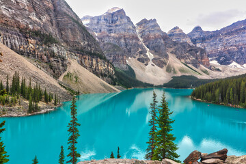 Cerulean Blue waters of the magnificient Moraine Lake near Banff in the Canada Rockies