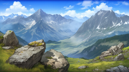 a wonderful swiss inspired mountain scenery in a oil painting artwork, ai generated image