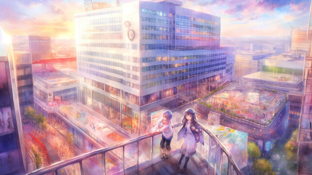 an anime aerial view illustration with two people watching the town, ai generated image