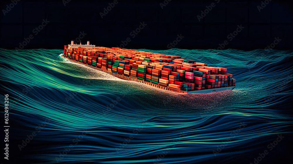 Poster view of container ship floating in ocean