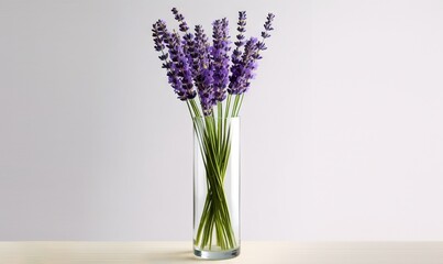  a vase filled with purple flowers on top of a wooden table next to a white wall and a white wall behind the vase is a single stem of lavender.  generative ai