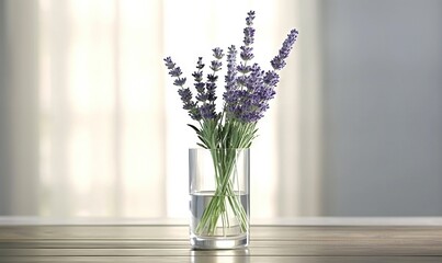  a glass vase filled with purple flowers on top of a wooden table next to a window with curtains in the backround of the room.  generative ai