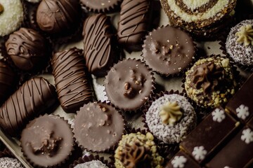 Top closeup of small chocolate cookies on a plate, cool for background