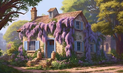  a painting of a house with purple flowers on the outside of it and a tree in front of the house with purple flowers on the outside of the house.  generative ai
