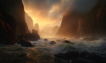  a large body of water surrounded by rocks and a cliff at sunset with birds flying over the rocks and the water crashing into the rocks.  generative ai