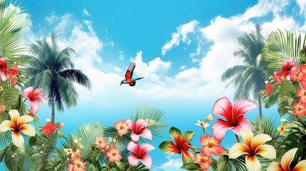 Fototapeta na wymiar a bird flying free on a hawaiian inspired sky, calm and lofi style, ai generated image