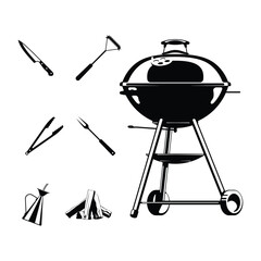 Set of BBQ grill icons and design elements in vintage monochrome style. Design element for poster, card, banner, logo. BBQ Vector illustration