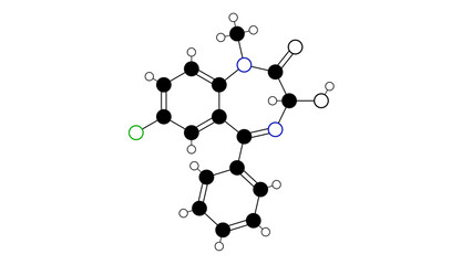 temazepam molecule, structural chemical formula, ball-and-stick model, isolated image benzodiazepine
