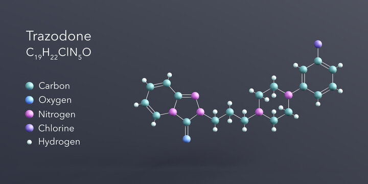 trazodone molecule 3d rendering, flat molecular structure with chemical formula and atoms color coding