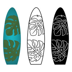 Surfboard Set. Surfboard Vector Icons with Tropical Leaves. Summer Water Sports