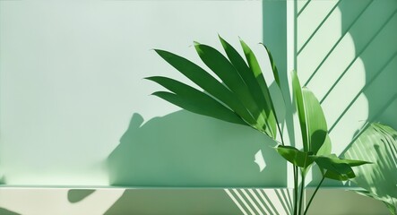 Minimal abstract green background for product presentation with shadow. palm leaves and reflection of light from a window on a wall in a green pastel room, generative ai