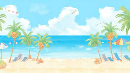 Fototapeta na wymiar a cartoon inspired beach scene with palms, ai generated image