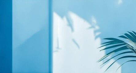 Minimal abstract blues background for product presentation with shadow. palm leaves and reflection of light from a window on a wall in a blue pastel room, generative ai