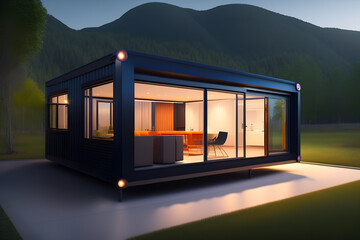 isolated Container house exterior with lawn grass on the hill created with Generative AI technology