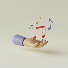 Cartoon hand holding music notes. Concept sharing music. 3d render illustration.
