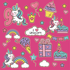 Cute magical unicorn birthday stickers with cake. 10+ stickers. Vector illustration. Ready to print