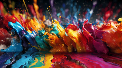 Beautiful abstraction of bright mixed colors of paints and splashes on a dark background.