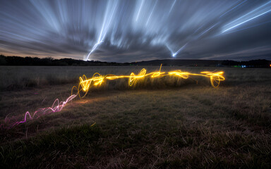 Stunning flame light painting landscape with beautiful motion clouds landscape in the evening
