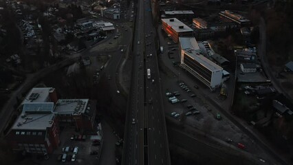Aerial drone footage of E18 highway in Asker, Norway