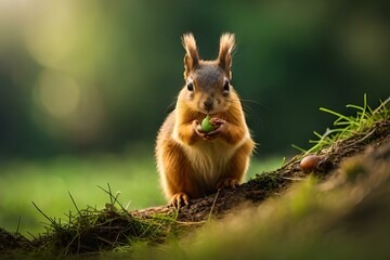 Naklejka na ściany i meble Squirrel eating nuts in the forest , Generative Ai technology