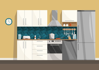 Cartoon kitchen interior. Furniture and household items in the dining room. Room with stove, cupboard and fridge. Cooking banner.  illustration in cartoon flat style