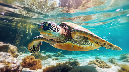 Fototapeta na wymiar Sea turtle in crystal clear water. Generative AI