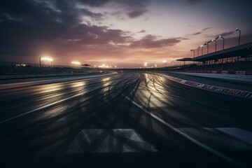 Fototapeta na wymiar Race track at dusk with finish line. Generative AI
