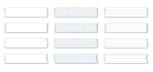 Set of paper sheets. Pieces of decorative tape for scrapbooks. Washi tapes collection in vector. Ripped paper. Torn pieces of paper from a notebook in a cell