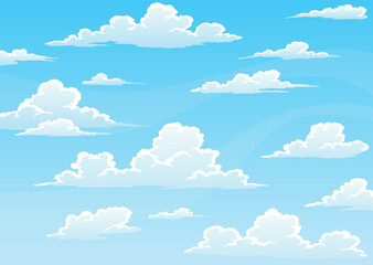 Cloudscape sky cartoon background. Light blue daytime sky with white fluffy clouds. Heaven with bright weather, summer season outdoor scene.  illustration