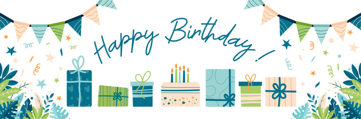 Happy Birthday - Banner - Editable vector elements - banners, gifts, cake and plant elements - Birthday party for kids