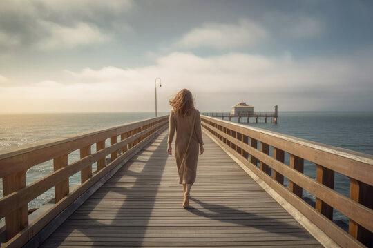 illustration of a long-haired woman seen from behind, walking along a pier towards the sea, at sunset. generative ai. concept voluntary solitude.
