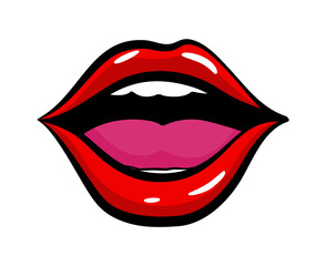 Comic book red lips. Pop art girl face part, open mouth. Young woman.  illustration in pop art retro style. Party invitation poster