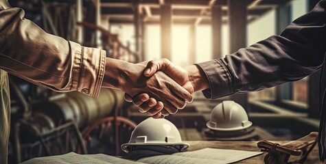 handshake of men in the construction industry, engineers shaking hands, completing a successful business partnership deal, rendered with Generative AI