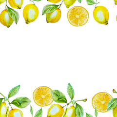 Watercolor seamless lemon frame yellow citruses with leaves for decor, kitchen textile