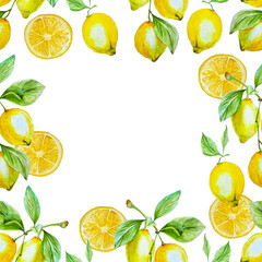 Watercolor yellow lemon frame watercolor hand drawn decorative border for napkins, kitchen textile, design