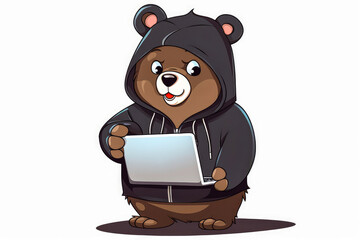 Captivating mascot of a hoodie-clad, computer-hacking bear, emotionally stirring and ideal for cybersecurity campaigns. Laptop in hand on a clean white background. Generative AI