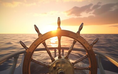 Helm of a vintage sailing ship with view of a horizon at sunset. Generative Ai illustration - obrazy, fototapety, plakaty