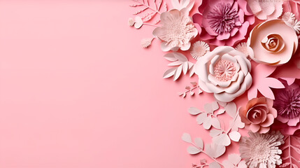 Flowers made of paper on pink background.Floral frame layout with text space. Wedding invitation, generated AI Generative AI
