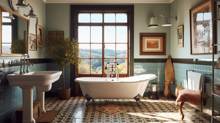 Fototapeta na wymiar A vintage-inspired bathroom with retro charm, featuring a clawfoot bathtub, patterned tiles, and antique brass fixtures, evoking a sense of nostalgia Generative AI