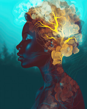 Dreamy beauty image of Black woman's head with nature element.  Generative AI