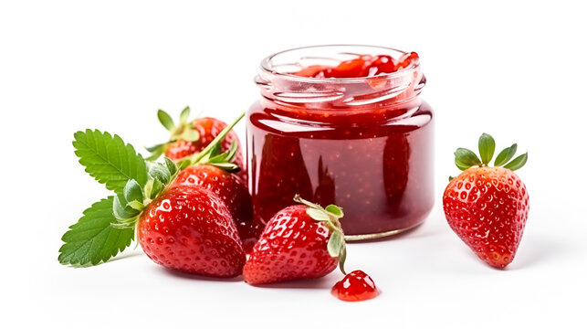A jar of strawberry jam and fresh strawberries on a white isolated background. Generative AI.