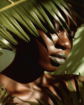 Make-up beauty portrait of Black woman with nature green leaves. Generative AI.